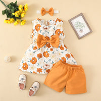 Load image into Gallery viewer, 3 Pieces Set Baby Girls Flower Print Dresses Solid Color Shorts And Bow Headwear Wholesale 220402298
