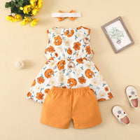 Load image into Gallery viewer, 3 Pieces Set Baby Girls Flower Print Dresses Solid Color Shorts And Bow Headwear Wholesale 220402298
