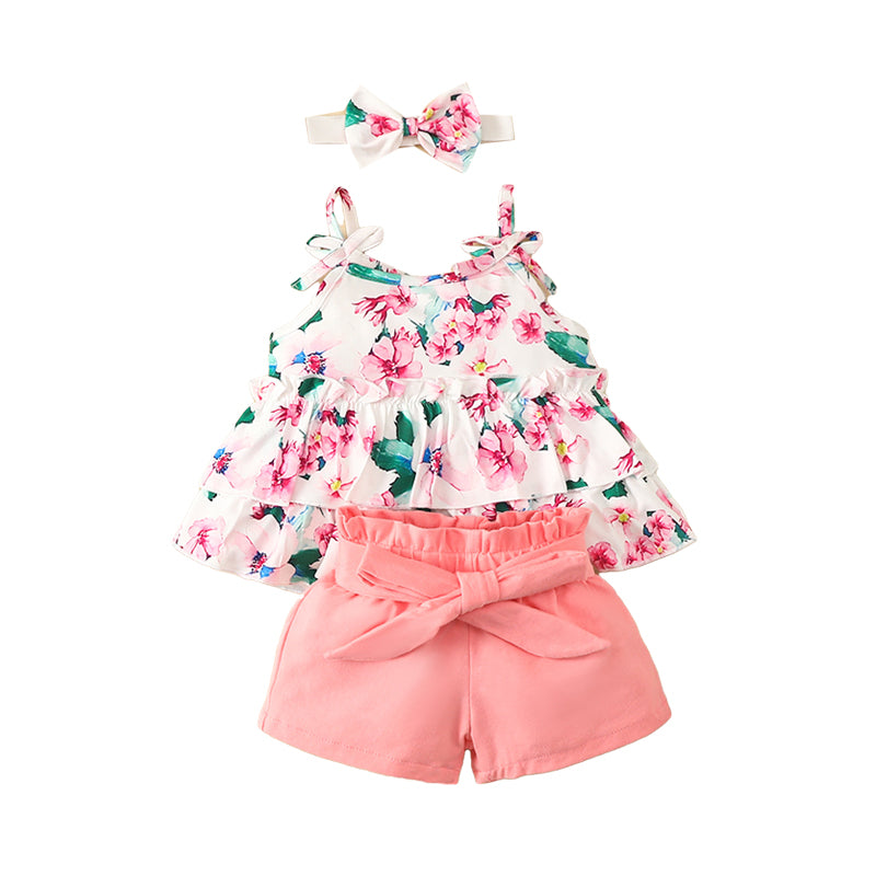 2 Pieces Set Baby Girls Flower Bow Print Tops And Ribbon Shorts Wholesale 220402306
