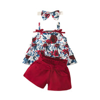 Load image into Gallery viewer, 2 Pieces Set Baby Girls Flower Bow Print Tops And Ribbon Shorts Wholesale 220402306
