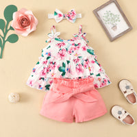 Load image into Gallery viewer, 2 Pieces Set Baby Girls Flower Bow Print Tops And Ribbon Shorts Wholesale 220402306
