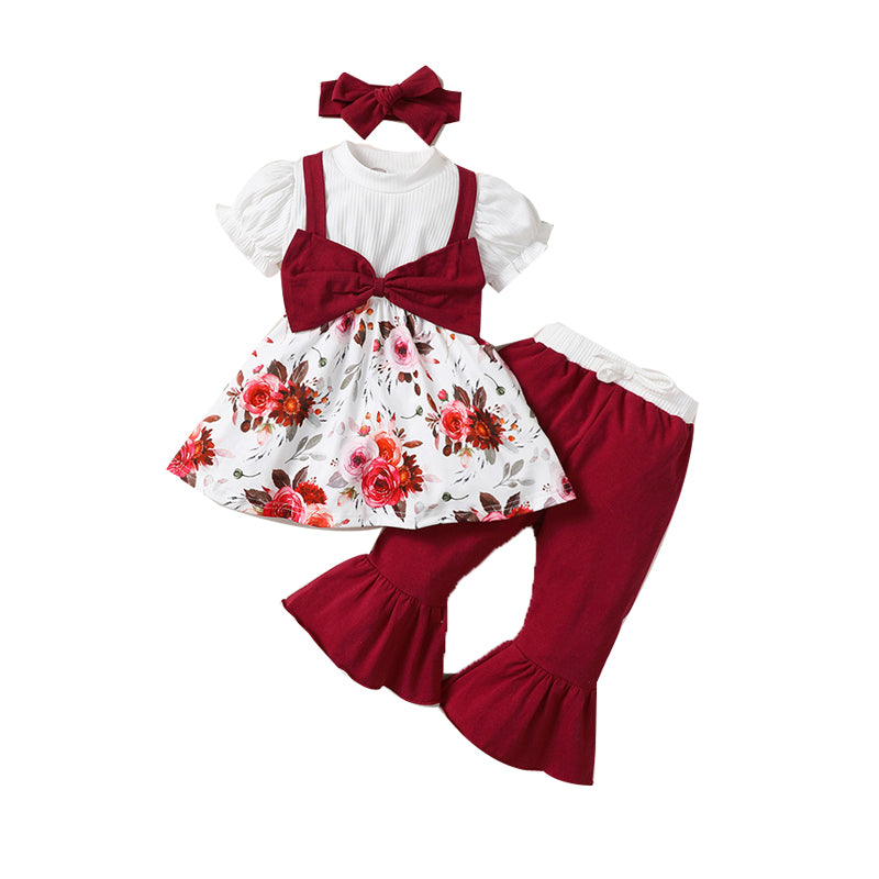 3 Pieces Set Baby Kid Girls Color-blocking Flower Bow Muslin&Ribbed Print Tops And Checked Ribbon Pants And Headwear Wholesale 220402313