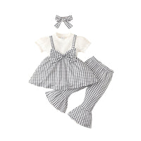 Load image into Gallery viewer, 3 Pieces Set Baby Kid Girls Color-blocking Flower Bow Muslin&amp;Ribbed Print Tops And Checked Ribbon Pants And Headwear Wholesale 220402313
