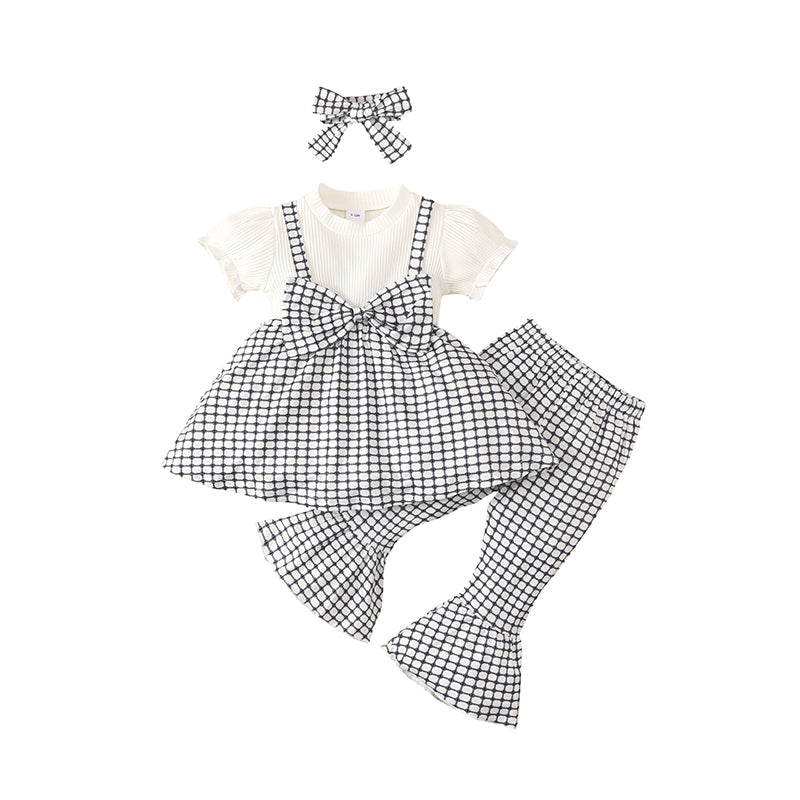 3 Pieces Set Baby Kid Girls Color-blocking Flower Bow Muslin&Ribbed Print Tops And Checked Ribbon Pants And Headwear Wholesale 220402313