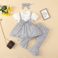 Load image into Gallery viewer, 3 Pieces Set Baby Kid Girls Color-blocking Flower Bow Muslin&amp;Ribbed Print Tops And Checked Ribbon Pants And Headwear Wholesale 220402313
