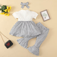 Load image into Gallery viewer, 3 Pieces Set Baby Kid Girls Color-blocking Flower Bow Muslin&amp;Ribbed Print Tops And Checked Ribbon Pants And Headwear Wholesale 220402313
