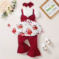 Load image into Gallery viewer, 3 Pieces Set Baby Kid Girls Color-blocking Flower Bow Muslin&amp;Ribbed Print Tops And Checked Ribbon Pants And Headwear Wholesale 220402313
