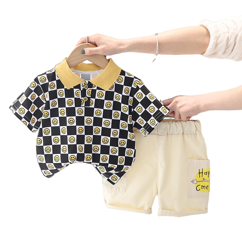 2 Pieces Set Baby Kid Boys Checked Expression Print Polo Shirts And Letters Shorts Wholesale 220402334