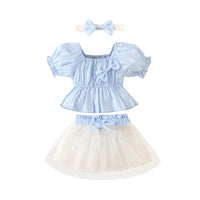 Load image into Gallery viewer, 3 Pieces Set Baby Kid Girls Bow Headwear Solid Color T-Shirts And Lace Skirts Wholesale 220402345
