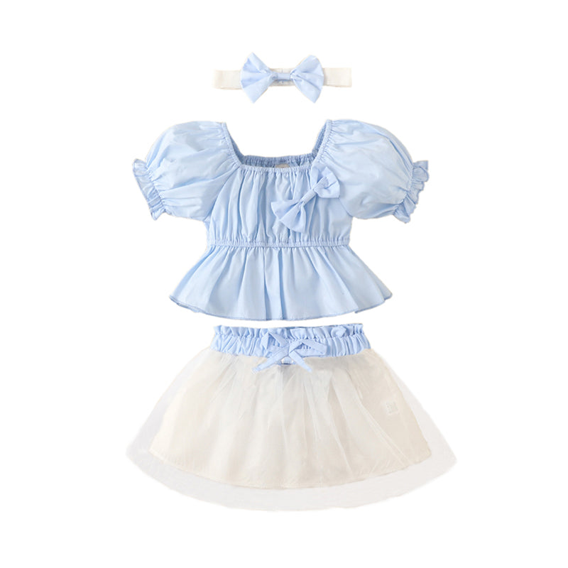3 Pieces Set Baby Kid Girls Bow Headwear Solid Color T-Shirts And Lace Skirts Wholesale 220402345
