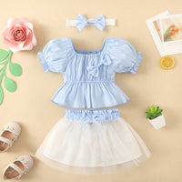 Load image into Gallery viewer, 3 Pieces Set Baby Kid Girls Bow Headwear Solid Color T-Shirts And Lace Skirts Wholesale 220402345
