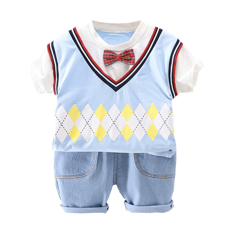 2 Pieces Set Baby Kid Unisex Birthday Dancing Color-blocking Bow Print Tops And Solid Color Shorts Wholesale 220402360