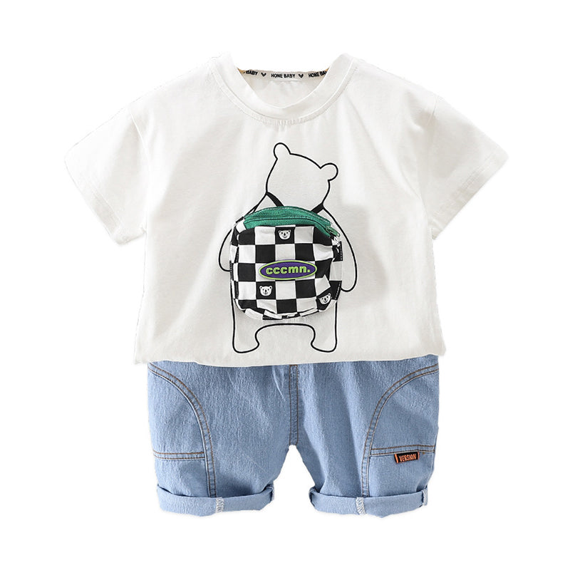 2 Pieces Set Baby Kid Boys Cartoon Print T-Shirts And Solid Color Shorts Wholesale 220402363