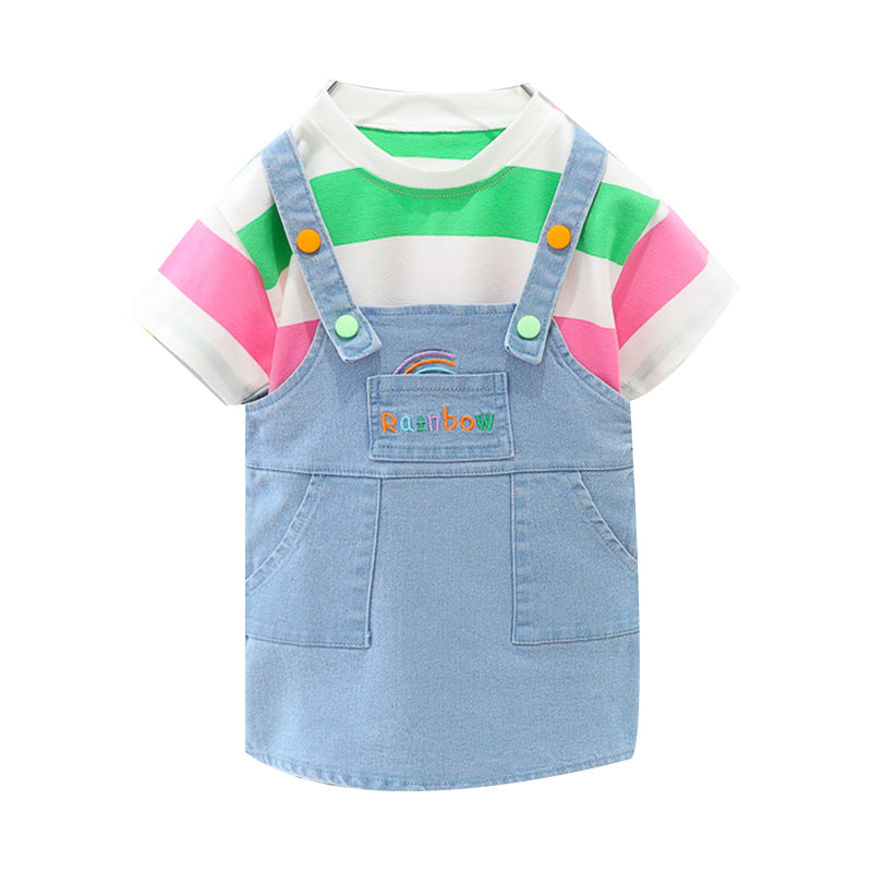 2 Pieces Set Baby Kid Girls Boys Striped T-Shirts And Rainbow Cartoon Embroidered Rompers Dresses Wholesale 220402383