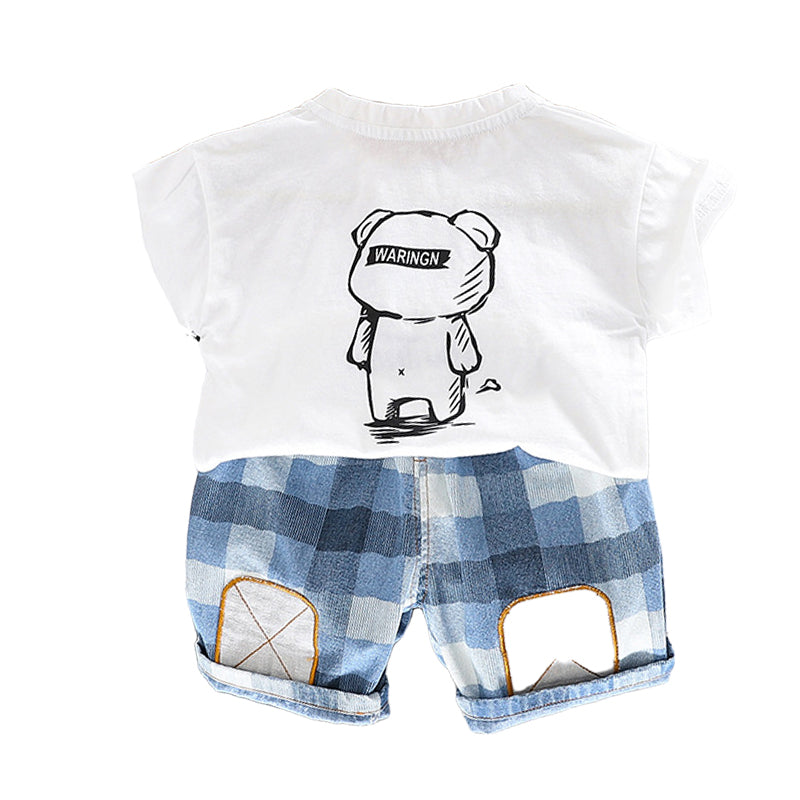 2 Pieces Set Baby Kid Boys Letters Animals Print T-Shirts And Checked Jeans Wholesale 220402387