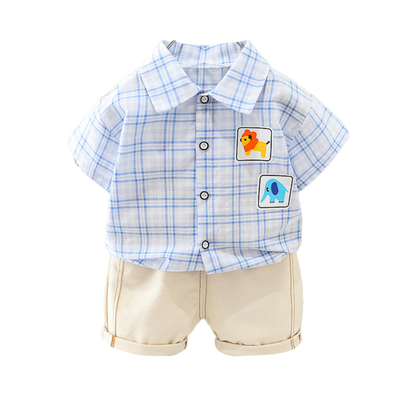 2 Pieces Set Baby Kid Boys Checked Cartoon Shirts And Solid Color Shorts Wholesale 220402396