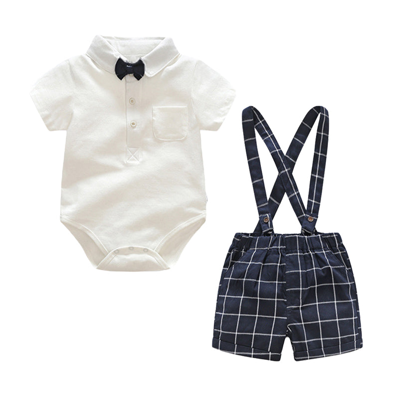 2 Pieces Set Baby Boys Solid Color Bow Rompers And Checked Shorts Wholesale 22040703