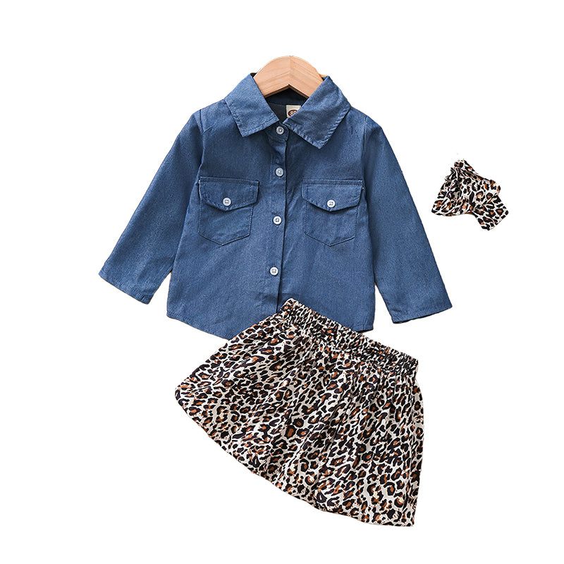 2 Pieces Set Baby Kid Girls Solid Color Tops And Leopard Skirts Wholesale 22040704
