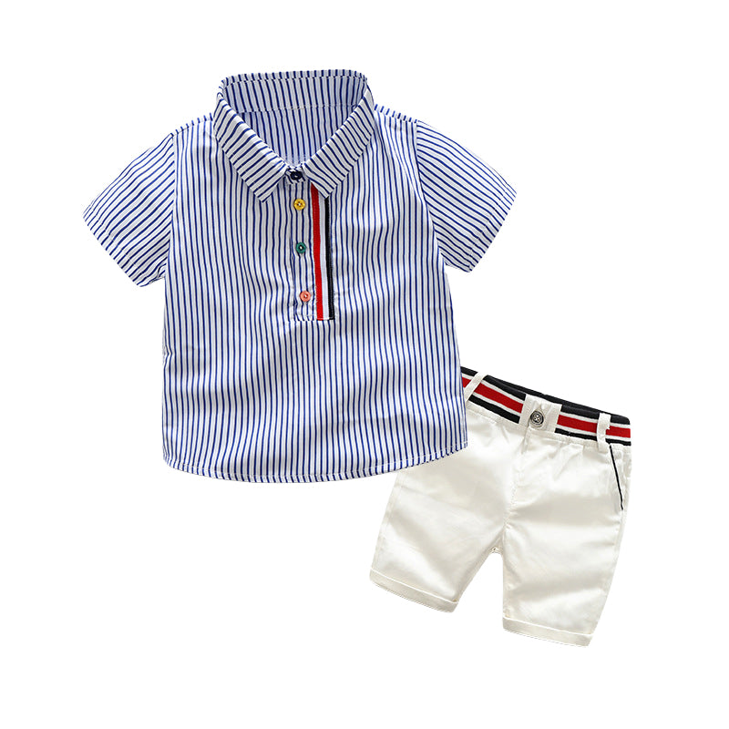2 Pieces Set Baby Kid Boys Dressy Striped Shirts And Solid Color Shorts Wholesale 22040705