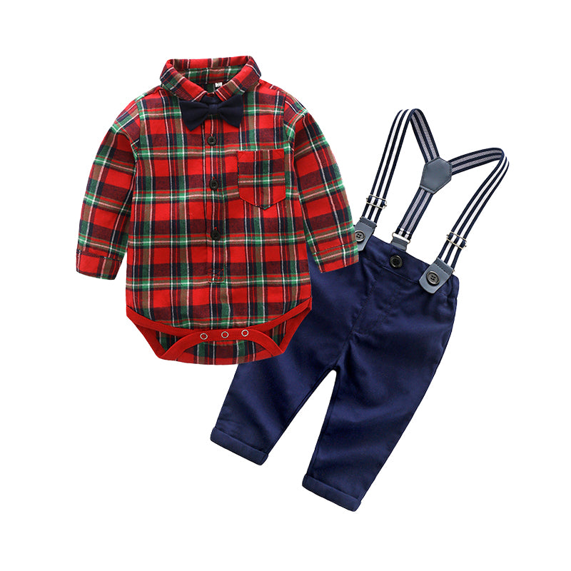 2 Pieces Set Baby Boys Checked Rompers And Solid Color Jumpsuits Wholesale 22040708