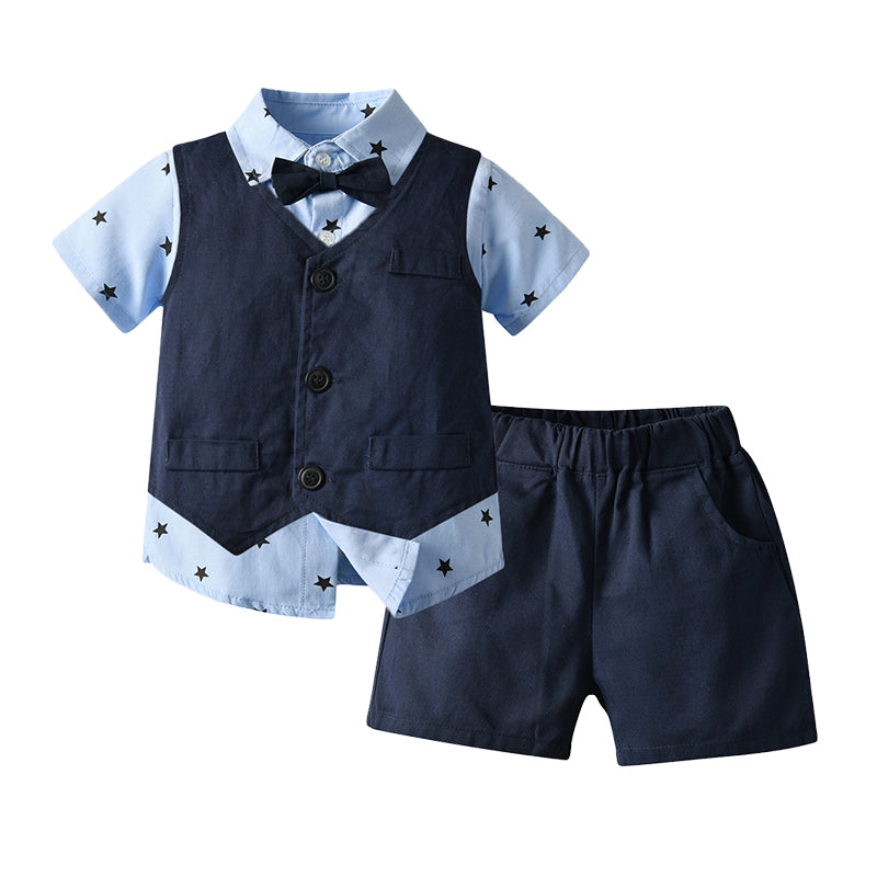 3 Pieces Set Baby Kid Boys Birthday Party Star Bow Print Shirts And Solid Color Shorts And Vests Waistcoats Wholesale 220407108