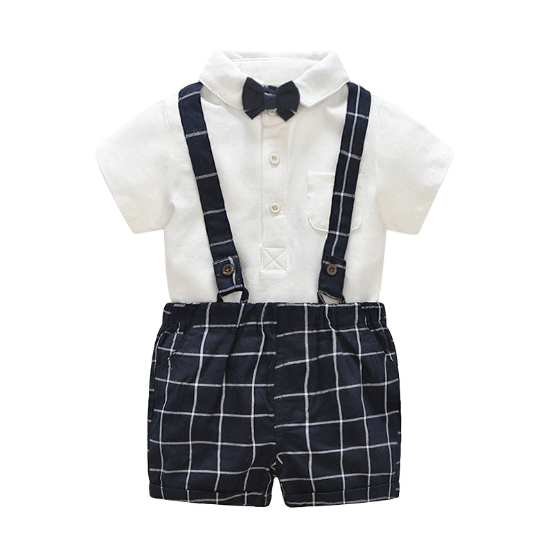 2 Pieces Set Baby Kid Boys Solid Color Bow Rompers And Checked Shorts Wholesale 22040711