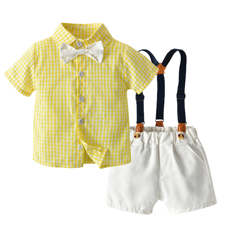 2 Pieces Set Baby Kid Boys Birthday Party Checked Bow Shirts And Solid Color Rompers Wholesale 220407113