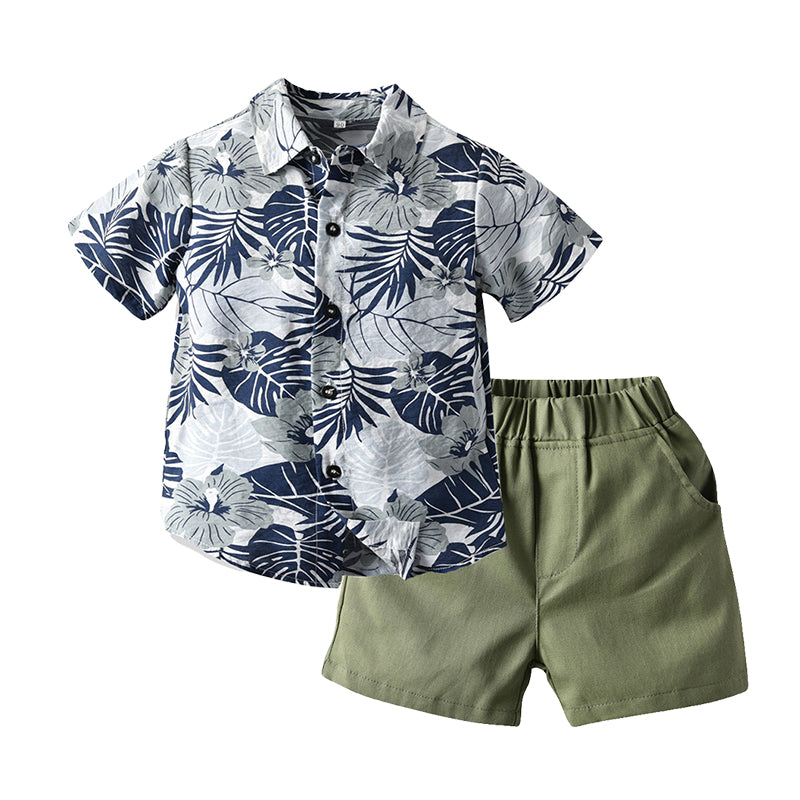 2 Pieces Set Baby Kid Boys Beach Flower Plant Print Shirts And Solid Color Shorts Wholesale 220407114