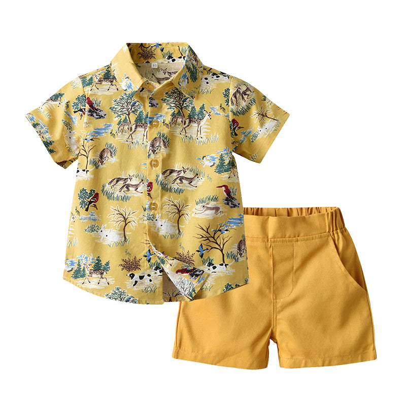 2 Pieces Set Baby Kid Boys Beach Animals Plant Print Shirts And Solid Color Shorts Wholesale 220407115