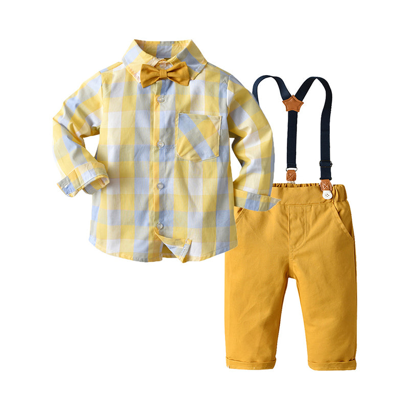 2 Pieces Set Baby Kid Boys Birthday Party Checked Bow Shirts And Solid Color Jumpsuits Wholesale 220407116
