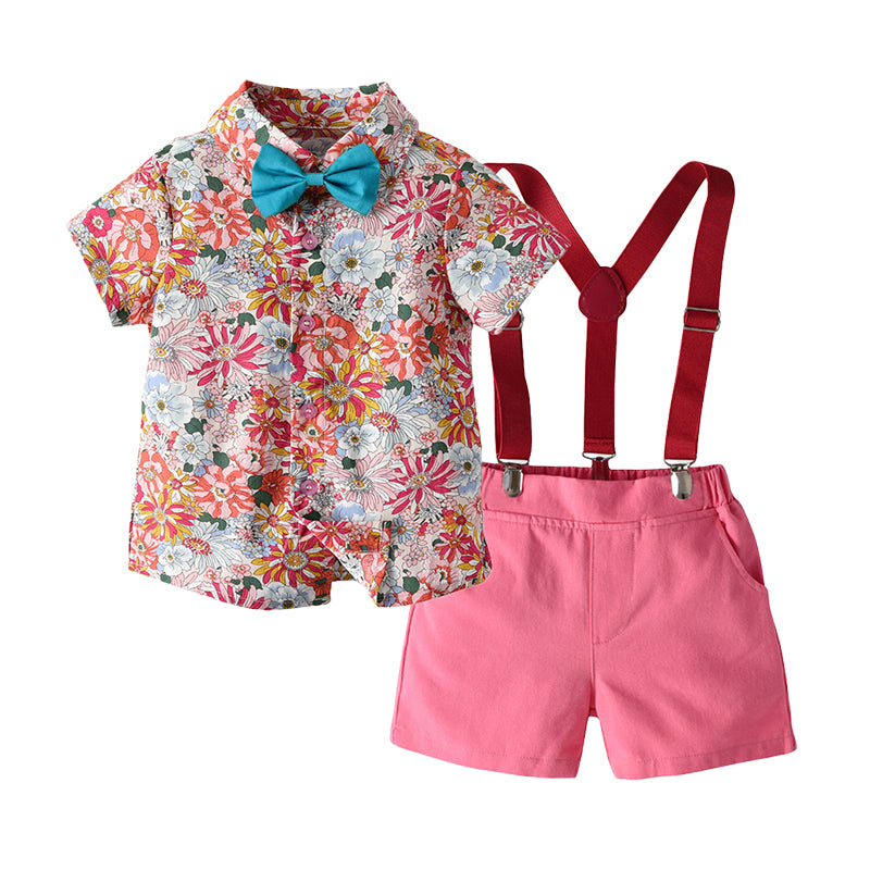 2 Pieces Set Baby Kid Boys Beach Birthday Party Flower Bow Print Shirts And Solid Color Rompers Wholesale 220407117