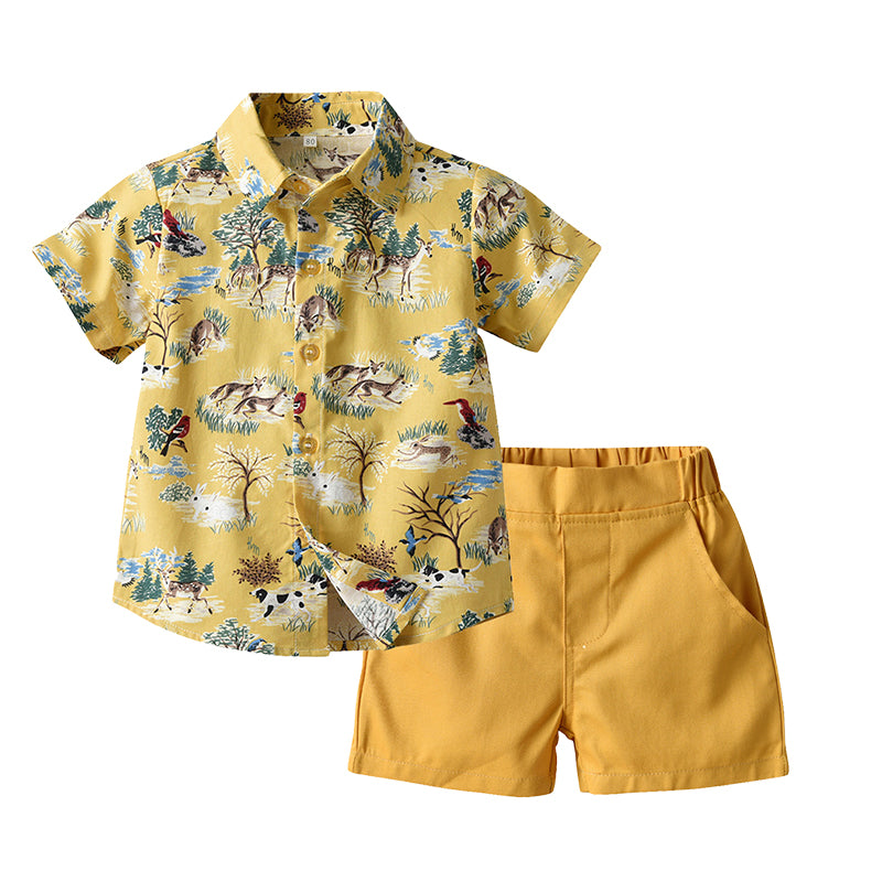 2 Pieces Set Baby Kid Boys Birthday Party Animals Print Shirts And Solid Color Shorts Wholesale 220407118