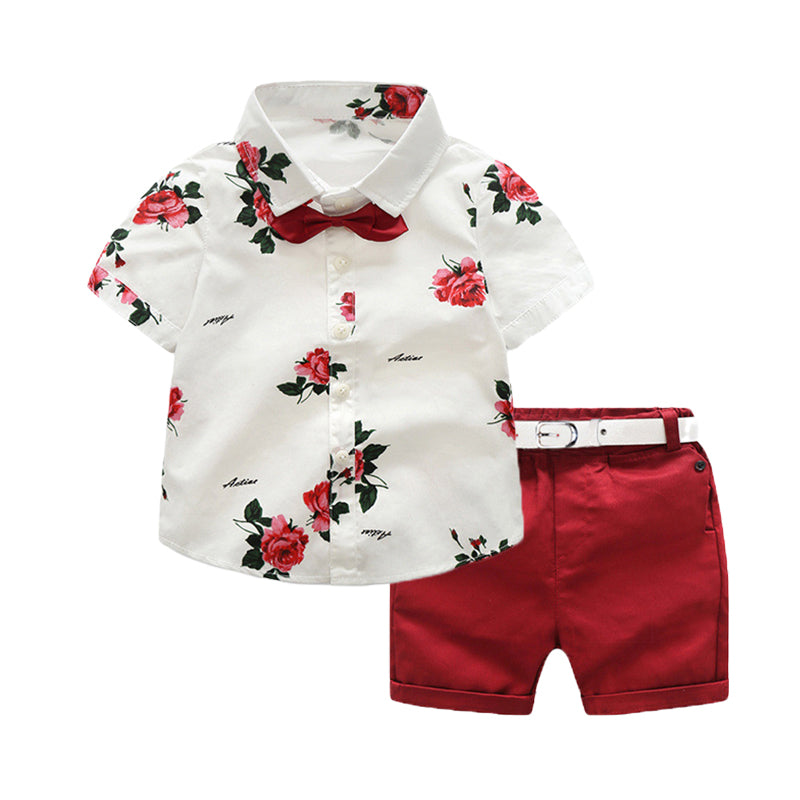 2 Pieces Set Baby Kid Boys Flower Bow Print Shirts And Shorts Wholesale 22040712