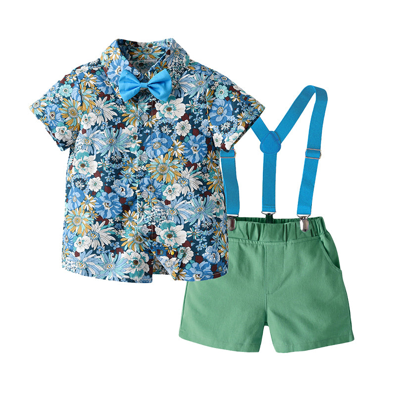 2 Pieces Set Baby Kid Boys Birthday Party Flower Bow Print Shirts And Solid Color Rompers Wholesale 220407121