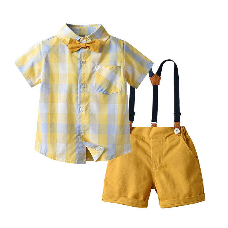 2 Pieces Set Baby Kid Boys Birthday Party Checked Bow Shirts And Solid Color Rompers Wholesale 220407122