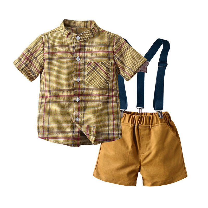 2 Pieces Set Baby Kid Boys Birthday Party Checked Shirts And Solid Color Rompers Wholesale 220407124