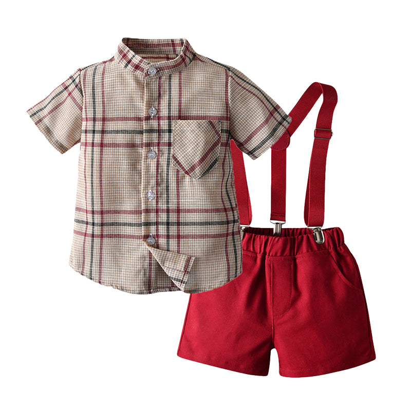 2 Pieces Set Baby Kid Boys Birthday Party Checked Shirts And Solid Color Rompers Wholesale 220407125