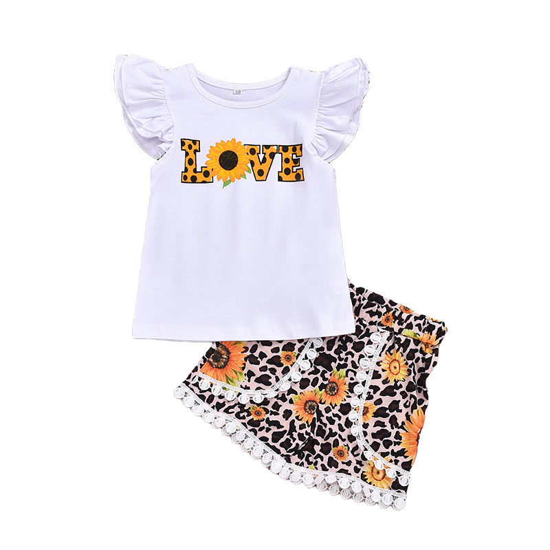 2 Pieces Set Baby Kid Girls Letters Flower Print Tops And Leopard Shorts Wholesale 220407146