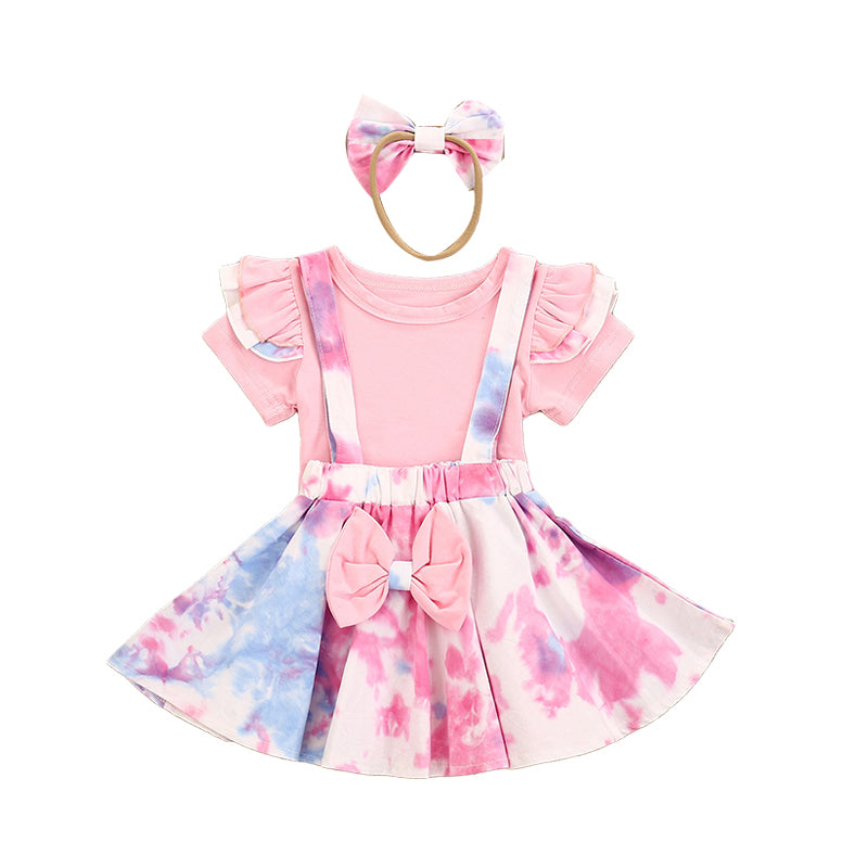 3 Pieces Set Baby Kid Girls Flower Tie Dye Print Tops And Bow Skirts And Headwear Wholesale 220407152