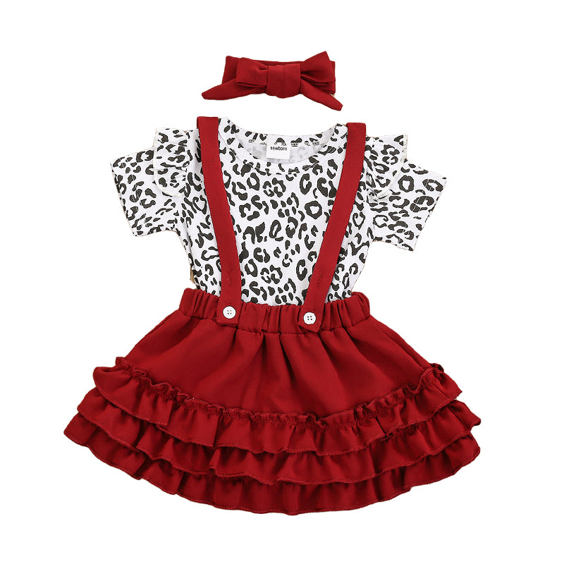 3 Pieces Set Baby Girls Leopard Rompers And Solid Color Skirts Bow Headwear Wholesale 220407154