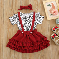 Load image into Gallery viewer, 3 Pieces Set Baby Girls Leopard Rompers And Solid Color Skirts Bow Headwear Wholesale 220407154

