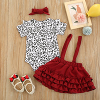 Load image into Gallery viewer, 3 Pieces Set Baby Girls Leopard Rompers And Solid Color Skirts Bow Headwear Wholesale 220407154
