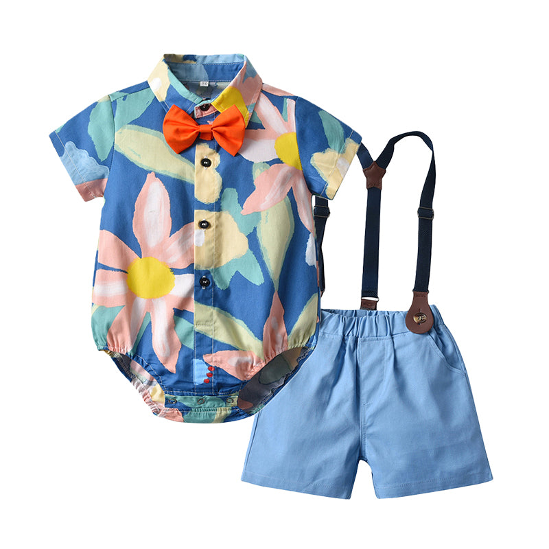 2 Pieces Set Baby Boys Birthday Party Flower Bow Print Rompers And Solid Color Shorts Wholesale 220407159