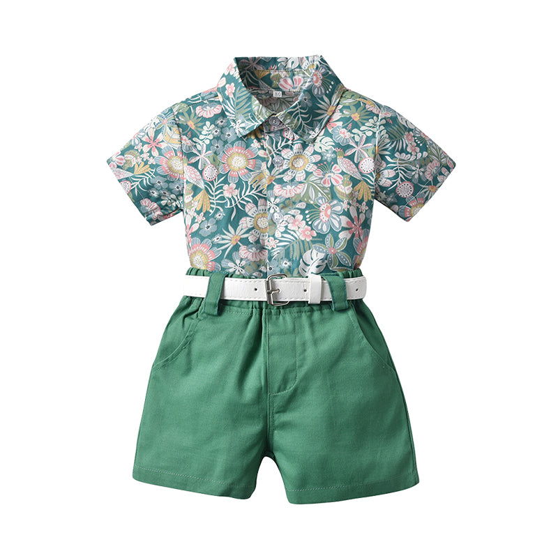 2 Pieces Set Baby Kid Boys Flower Print Shirts And Solid Color Shorts Wholesale 220407162