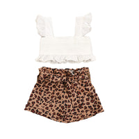 Load image into Gallery viewer, 2 Pieces Set Baby Kid Girls Solid Color Lace Tops And Leopard Shorts Wholesale 220407167
