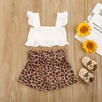 Load image into Gallery viewer, 2 Pieces Set Baby Kid Girls Solid Color Lace Tops And Leopard Shorts Wholesale 220407167
