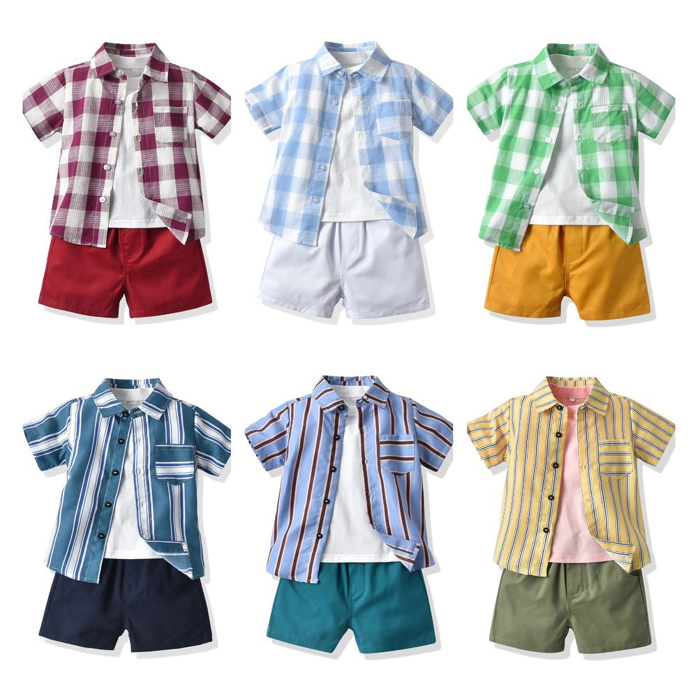 3 Pieces Set Baby Kid Boys Striped Checked Print Shirts Solid Color T-Shirts And Shorts Wholesale 220407176