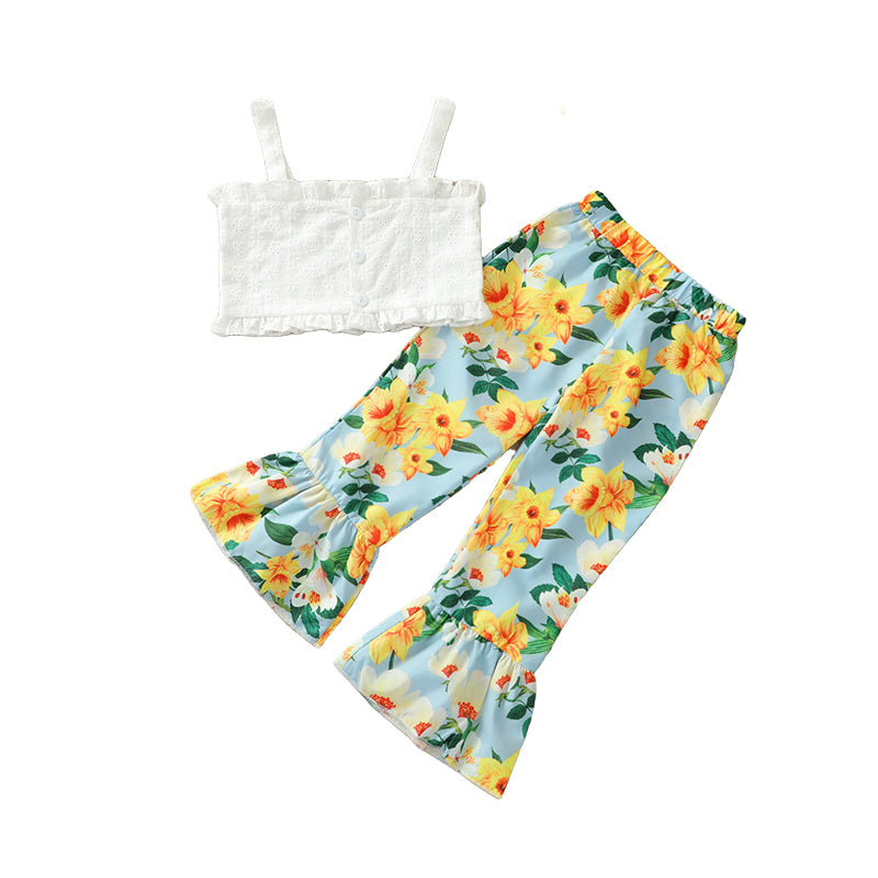 2 Pieces Set Baby Kid Girls Solid Color Print Tank Tops And Flower Pants Wholesale 220407203