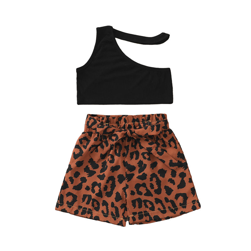 2 Pieces Set Baby Kid Girls Solid Color Muslin&Ribbed Tank Tops And Leopard Shorts Wholesale 220407209