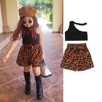 Load image into Gallery viewer, 2 Pieces Set Baby Kid Girls Solid Color Muslin&amp;Ribbed Tank Tops And Leopard Shorts Wholesale 220407209
